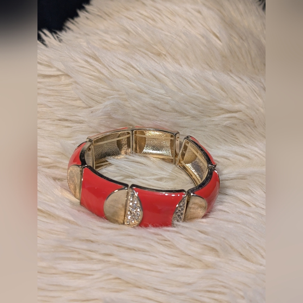 Coral Goldtone Bangle Bracelet with Rhinestones 2.5"